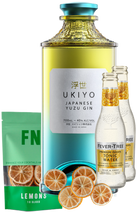 Load image into Gallery viewer, An image of a UKIYO Japanese Yuzu Gin Gift Box including 2 bottles of fever-tree indian tonic waters, a pouch of Lemon slices garnish and a stylish tumbler glass