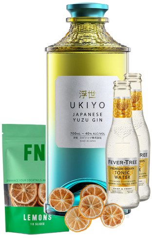 An image of a UKIYO Japanese Yuzu Gin Gift Box including 2 bottles of fever-tree indian tonic waters, a pouch of Lemon slices garnish and a stylish tumbler glass