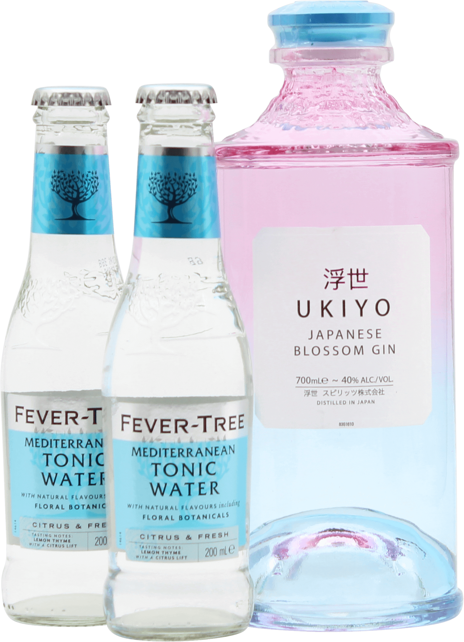An image of a Ukiyo Japanese Gin Gift Box with 2 bottles of Fever-Tree tonic waters