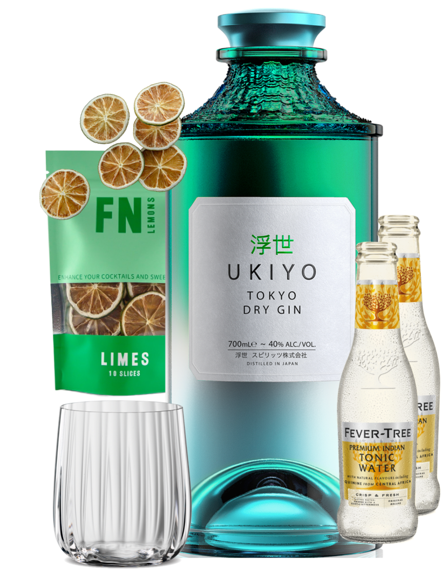 An image of a UKIYO Japanese Tokyo Dry Gin Gift Box including 2 bottles of fever-tree indian tonic waters, a pouch of Lime slices garnish and a stylish tumbler glass