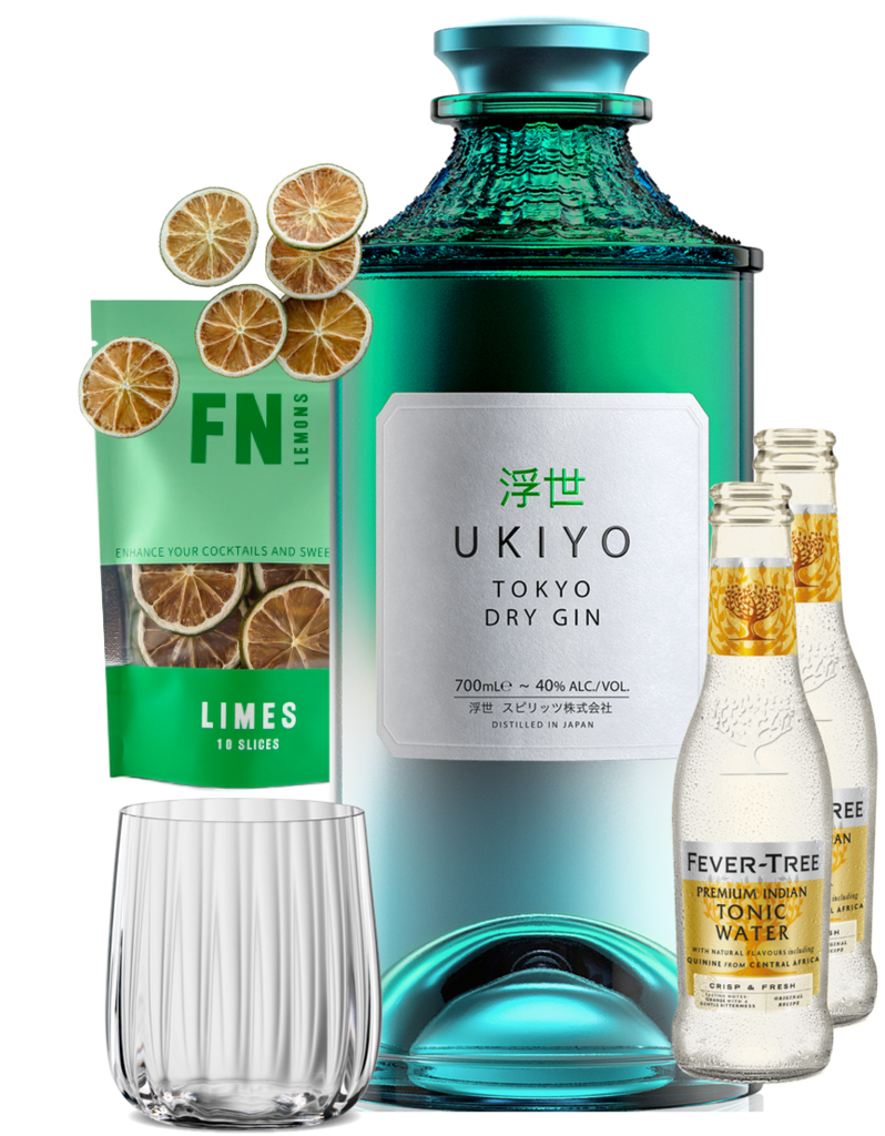 An image of a UKIYO Japanese Tokyo Dry Gin Gift Box including 2 bottles of fever-tree indian tonic waters, a pouch of Lime slices garnish and a stylish tumbler glass