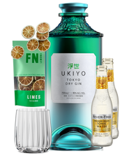 Load image into Gallery viewer, An image of a UKIYO Japanese Tokyo Dry Gin Gift Box including 2 bottles of fever-tree indian tonic waters, a pouch of Lime slices garnish and a stylish tumbler glass