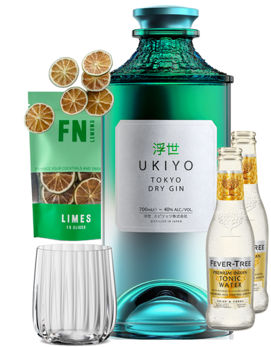 An image of a UKIYO Japanese Tokyo Dry Gin Gift Box including 2 bottles of fever-tree indian tonic waters, a pouch of Lime slices garnish and a stylish tumbler glass