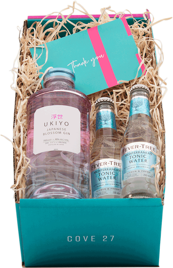 An image of the Ukiyo Gin Gift Box inside the COVE 27 premium packaging