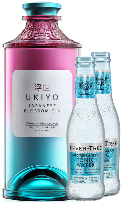 An image of a beautiful Ukiyo Gin Gift Box Hamper including two bottles of Fever-Tree Mediterranean tonic waters