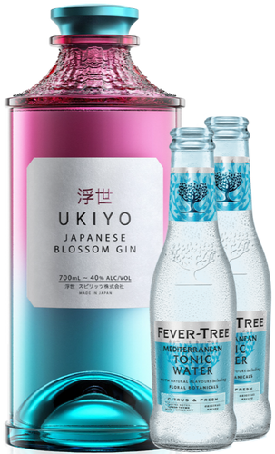 An image of a beautiful Ukiyo Gin Gift Box Hamper including two bottles of Fever-Tree Mediterranean tonic waters