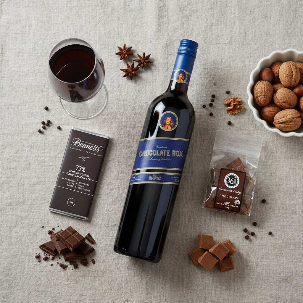 Load image into Gallery viewer, Chocolate Box Luxury Shiraz red wine bottle with chocolate bar, chocolate fudge, wine glass, and snacks on a textured surface