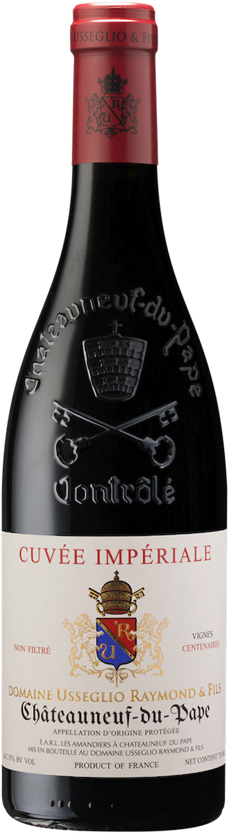 Load image into Gallery viewer, Usseglio Châteauneuf-du-Pape Cuvée Impériale red wine bottle with a prominent label featuring a coat of arms and text.