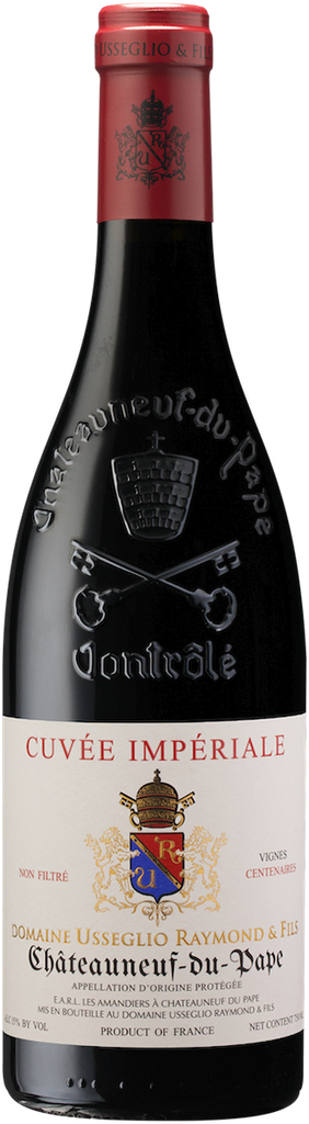Usseglio Châteauneuf-du-Pape Cuvée Impériale red wine bottle with a prominent label featuring a coat of arms and text.