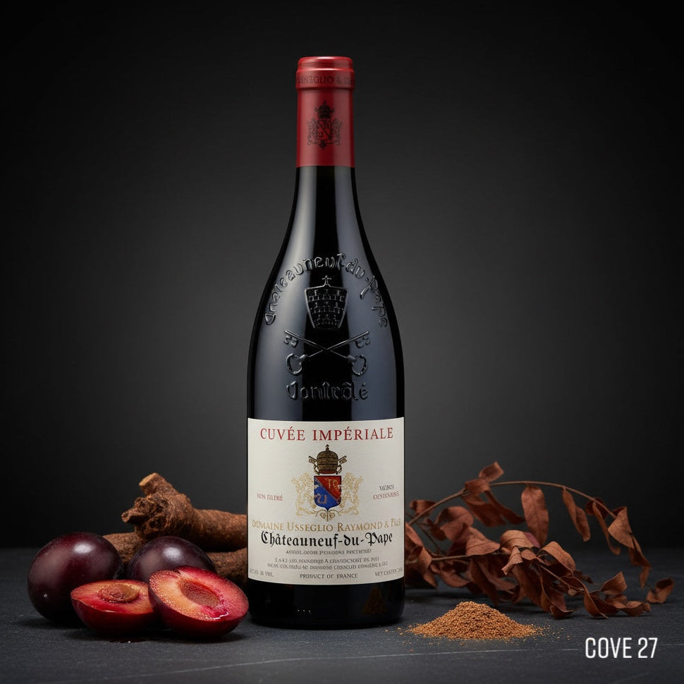 Load image into Gallery viewer, Bottle of Usseglio Châteauneuf-du-Pape Cuvée Impériale red wine with plums and spices on a dark background