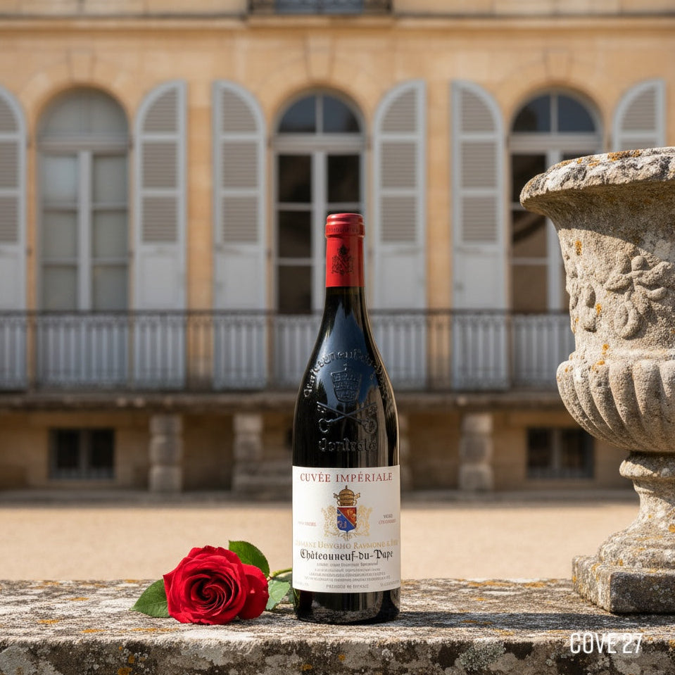 Load image into Gallery viewer, Bottle of Usseglio Châteauneuf-du-Pape Cuvée Impériale red wine with a red rose on a stone ledge in front of a classical French chateau building in the background.