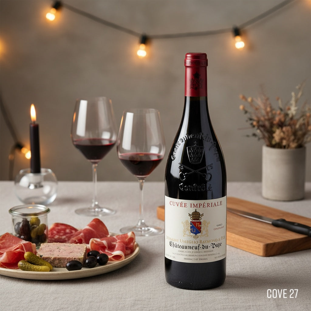 Load image into Gallery viewer, Bottle of Usseglio Châteauneuf-du-Pape Cuvée Impériale red wine with two glasses and a charcuterie board on a table.