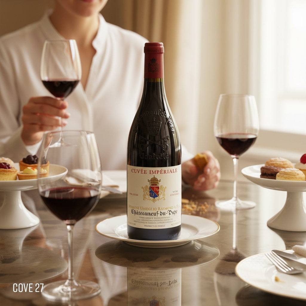 Load image into Gallery viewer, Bottle of Usseglio Châteauneuf-du-Pape Cuvée Impériale red wine with glasses of red wine and pastries on a table and woman holding a half full wine glass.