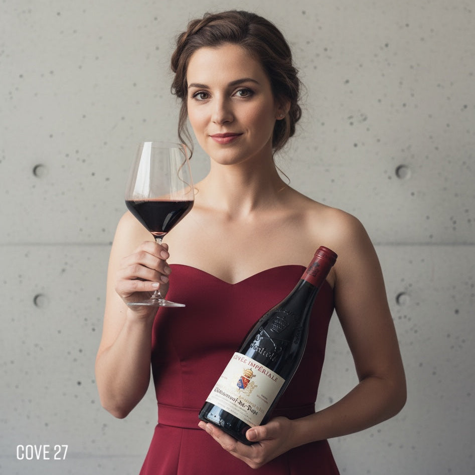 Load image into Gallery viewer, Woman in a red dress holding a bottle of Usseglio Châteauneuf-du-Pape Cuvée Impériale red wine and glass against a grey concrete wall.