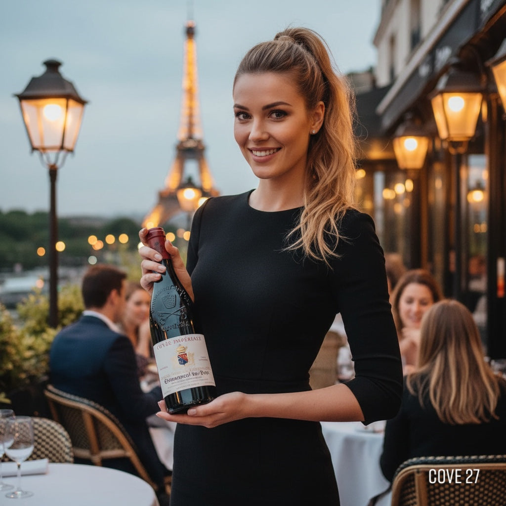 Load image into Gallery viewer, Woman waitress holding a bottle of Usseglio Châteauneuf-du-Pape Cuvée Impériale red wine with the Eiffel Tower in Paris in the background