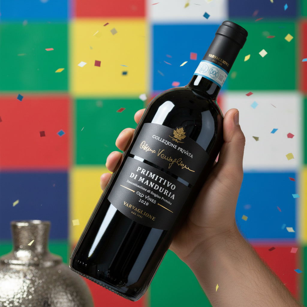 Load image into Gallery viewer, A man's hand holding a bottle of Varvaglione Cosimo Collezione Privata Primitivo red wine against a colourful checkered background with confetti.