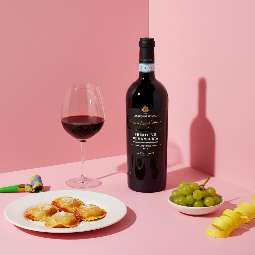 Load image into Gallery viewer, Bottle of Varvaglione Cosimo Collezione Privata Primitivo red wine, glass of wine, plate of pasta, and bowl of grapes on a pink background