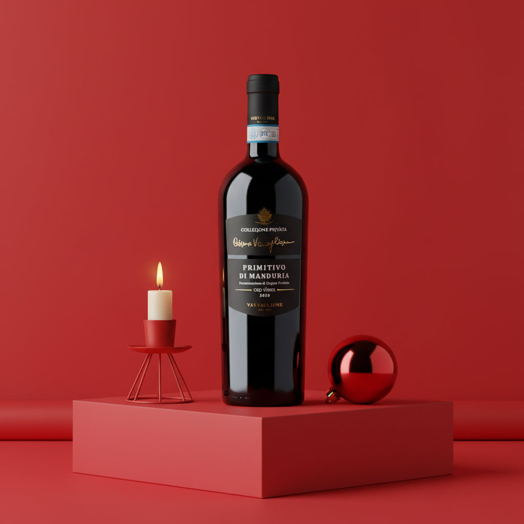 Load image into Gallery viewer, Bottle of Varvaglione Cosimo Collezione Privata Primitivo red wine on a red platform with a candle and decorative ball against a red background
