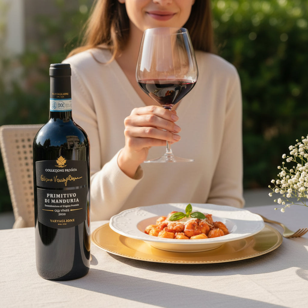 Load image into Gallery viewer, Person holding a glass of red wine with a bottle of Varvaglione Cosimo Collezione Privata Primitivo and dish of food on a table outdoors.