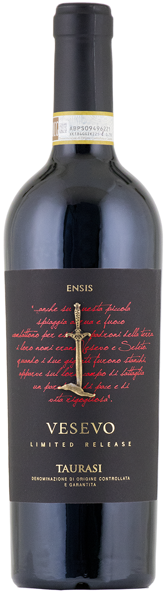 Vesevo Ensis aurasi wine bottle with label on a white background