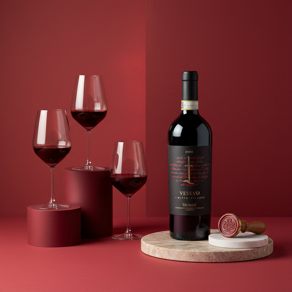 Vesevo Ensis Taurasi red wine bottle with three glasses on a red background