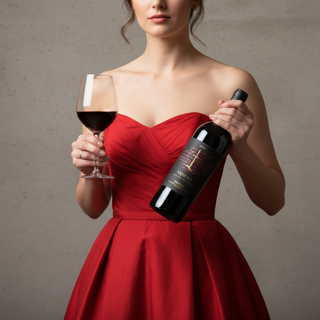 Woman in a red dress holding a Vesevo Ensis Taurasi red wine bottle and glass against a neutral background