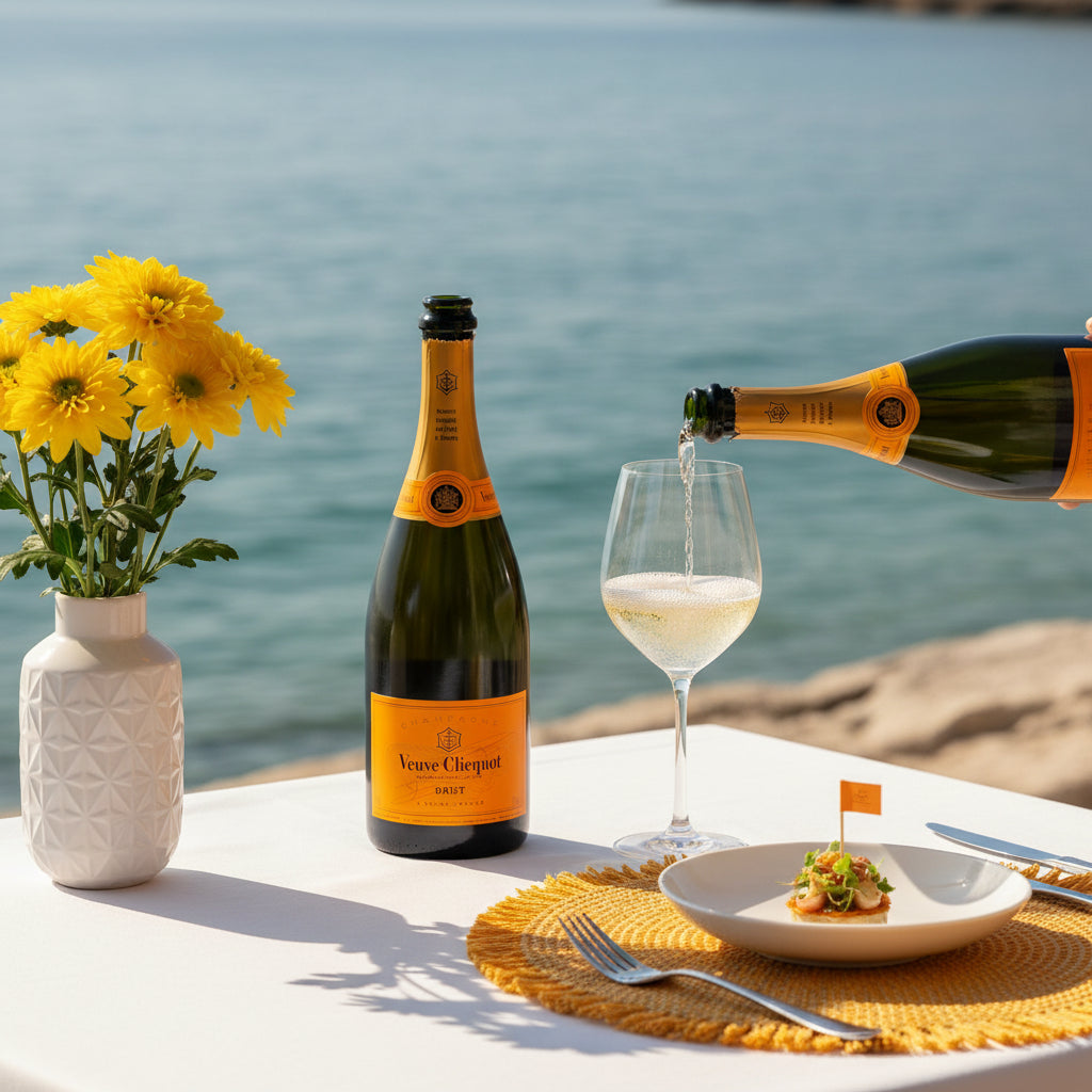 Load image into Gallery viewer, Bottle of Veuve Clicquot champagne Magnum bottle being poured into a glass with a scenic background.