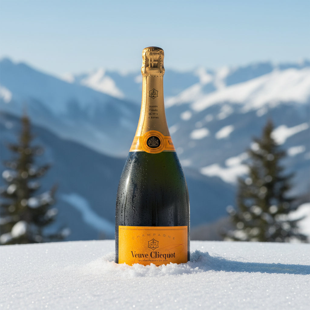Load image into Gallery viewer, Veuve Clicquot champagne magnum bottle in the snow in the mountains