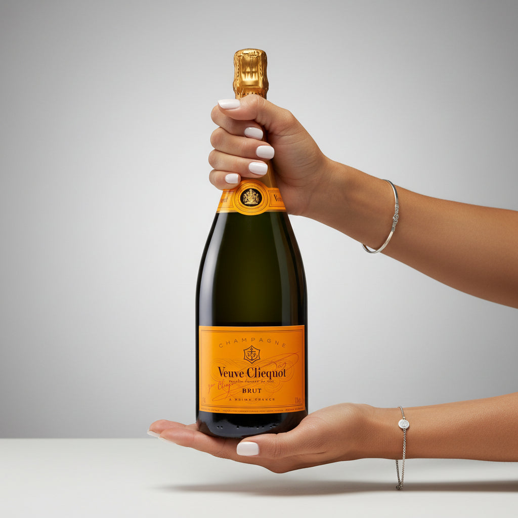 Load image into Gallery viewer, Bottle of Veuve Clicquot champagne Magnum 1500ml bottle held by a hand on a gray background