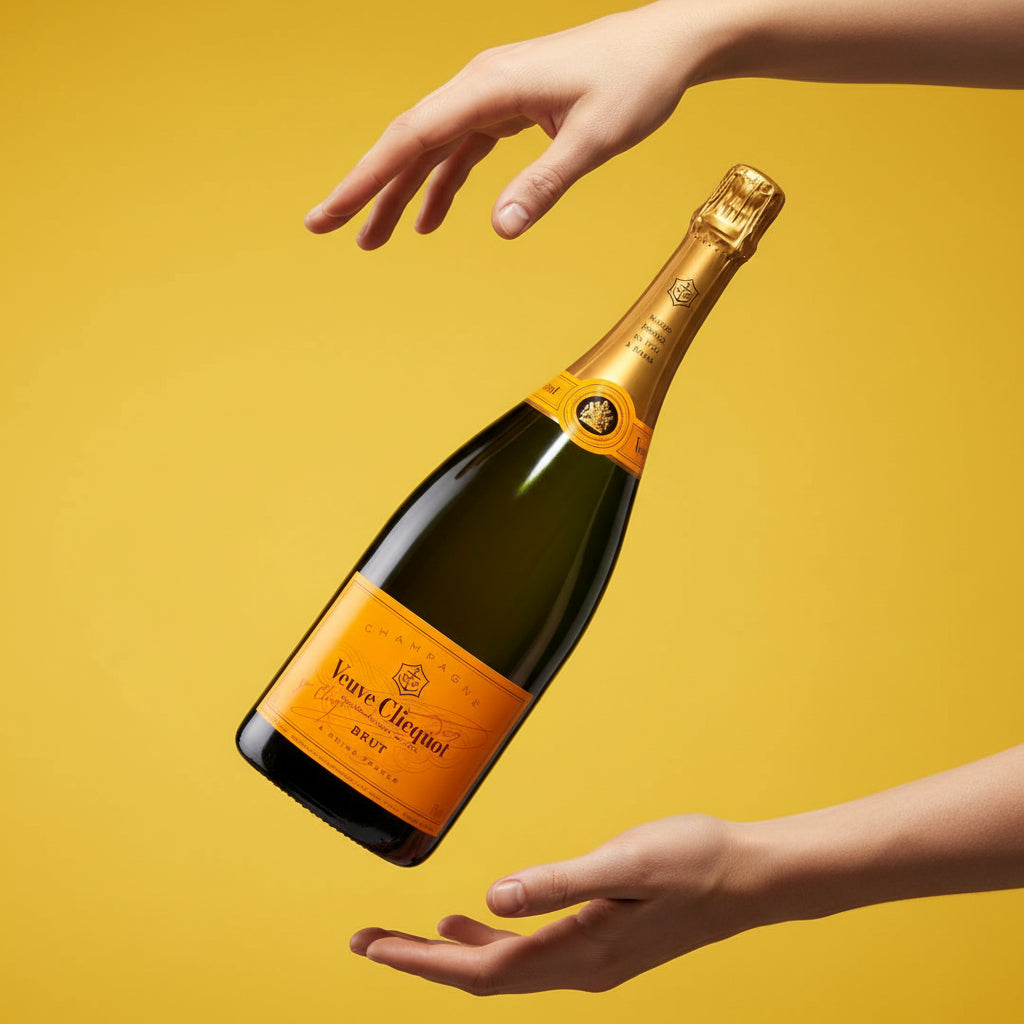 Load image into Gallery viewer, Veuve Clicquot champagne Magnum bottle held by two hands against a yellow background