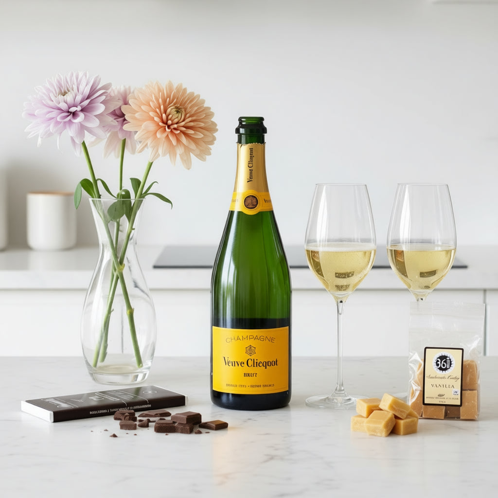 Load image into Gallery viewer, Bottle of Véuve Clicquot champagne with two glasses, flowers, and chocolate on a table.