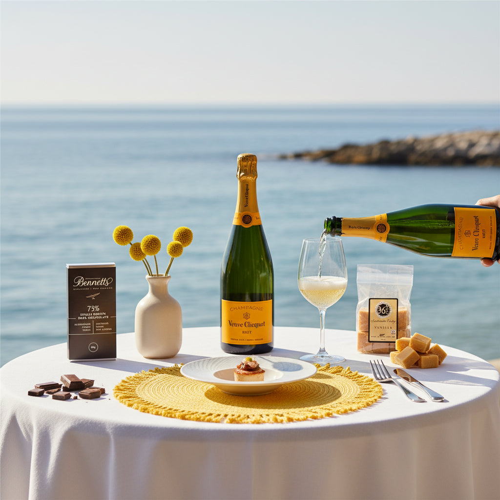 Load image into Gallery viewer, Table setting with a bottle of Veuve Clicquot, a glass of champagne, vanilla fudge packet and a dark chocolate bar by the ocean.
