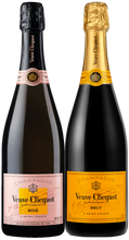 Load image into Gallery viewer, A image of a Veuve Clicquot Champagne Gift Box with one Veuve Yellow Label and one Veuve Rosé champagne, both 750ml