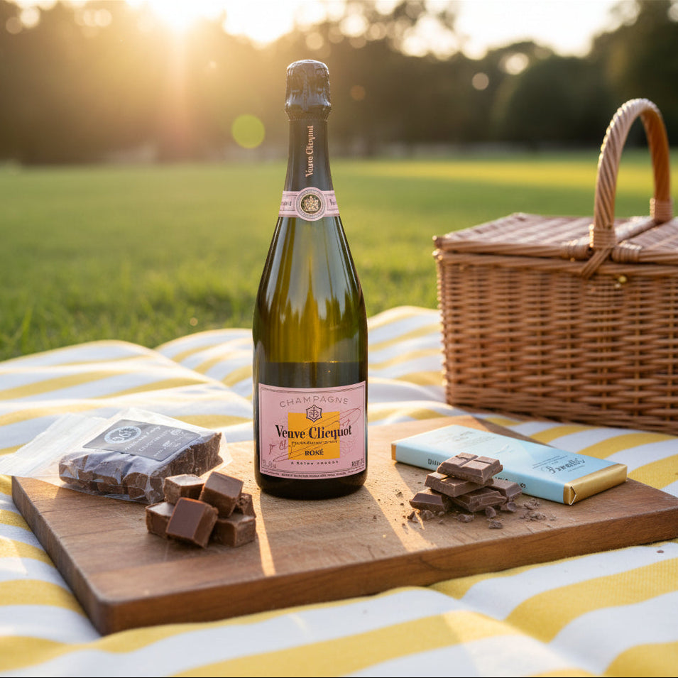 Load image into Gallery viewer, A Veuve Clicquot Brut Rosé Champagne bottle with a pink label stands on a picnic blanket outdoors beside a wicker basket, Bennett's Milk Chocolate chocolate bar, chocolate pieces and a 36 Degrees chocolate fudge bag in a sunny grassy setting.