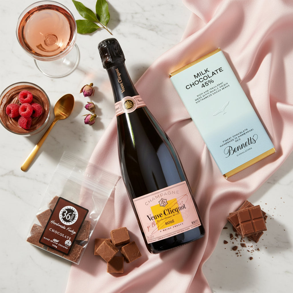Load image into Gallery viewer, A styled flat-lay featuring a bottle of Veuve Clicquot Brut Rosé Champagne paired with Bennett's milk chocolate bar, a  packet of 36 Degrees chocolate fudge and a glass of rosé wine on draped pink fabric.
