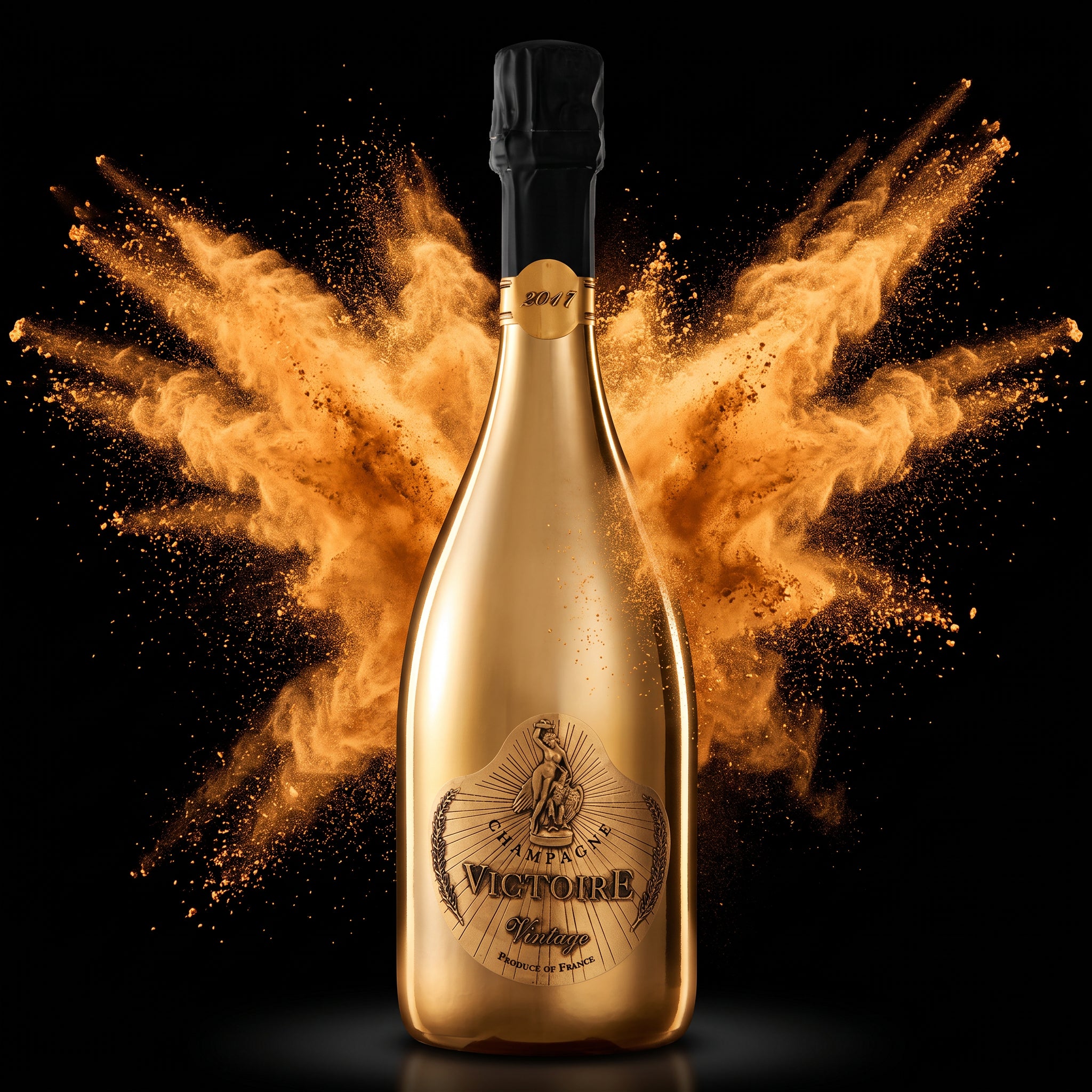 Load image into Gallery viewer, A gold bottle of Victoire Fût de Chêne Prestige Champagne stands centered against a black background, with an explosive burst of orange-gold powder or smoke behind it. The bottle label reads Viskiòine Champagne.