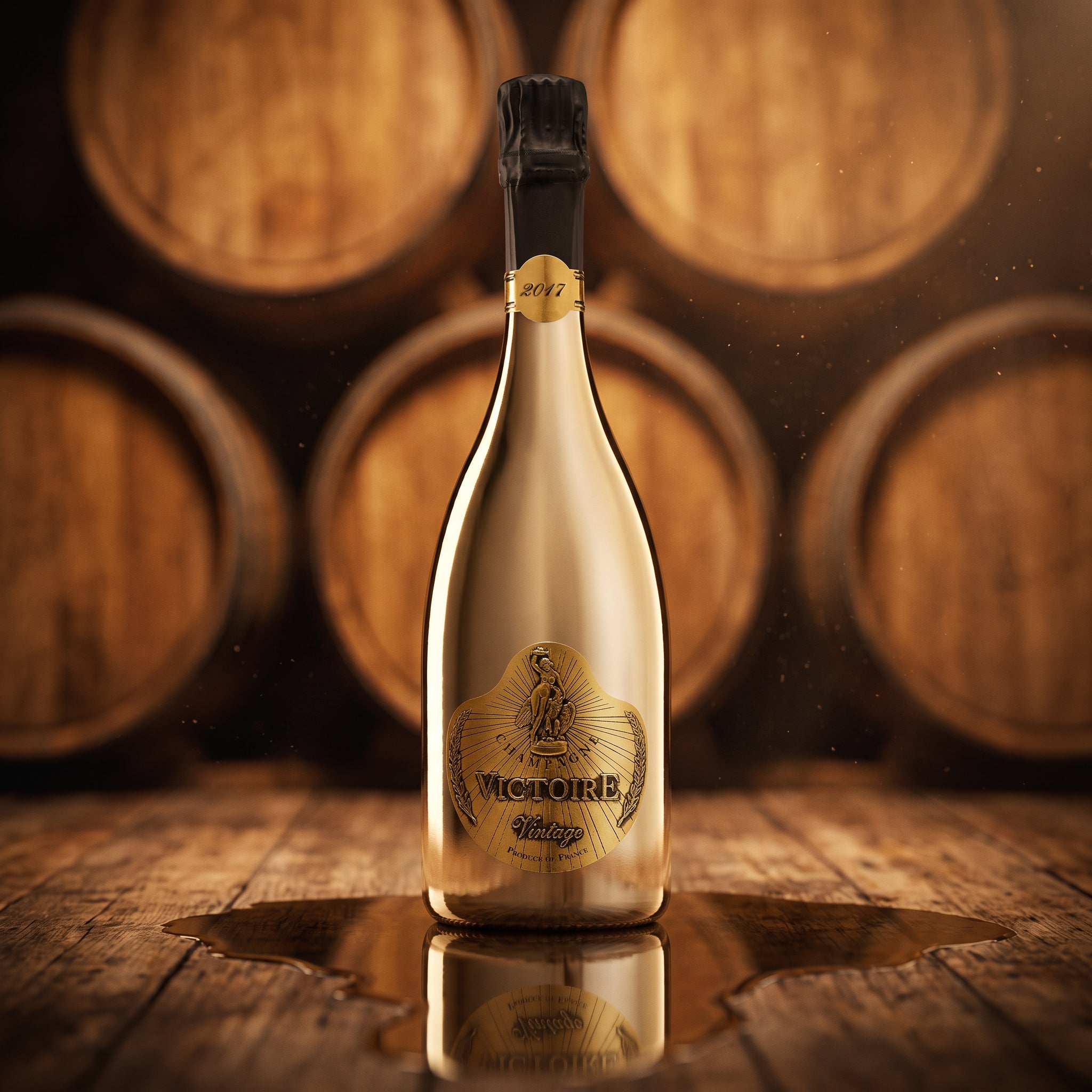 Load image into Gallery viewer, A gold bottle of Victoire Fût de Chêne Prestige Champagne stands on a wooden surface in front of blurred wooden barrels. The label reads 'Moench Valtellina'.
