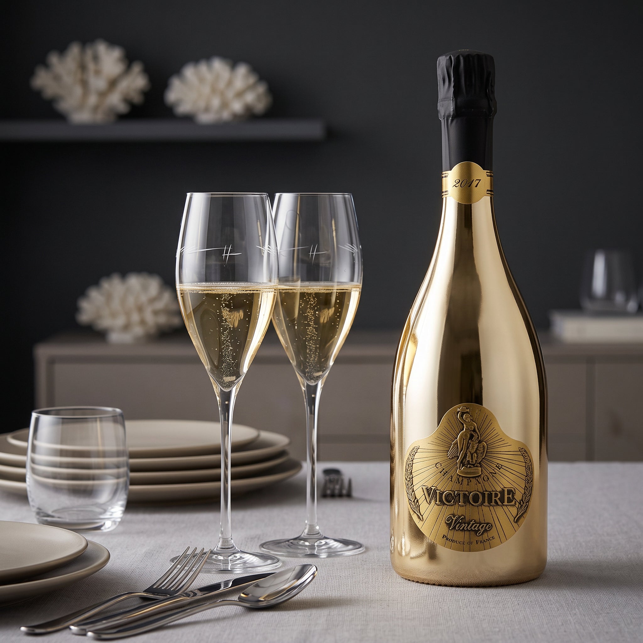 Load image into Gallery viewer, A gold bottle of Victoire Fût de Chêne Prestige Champagne with two filled champagne flutes, plates, cutlery, and a glass on a dining table against a dark gray background.