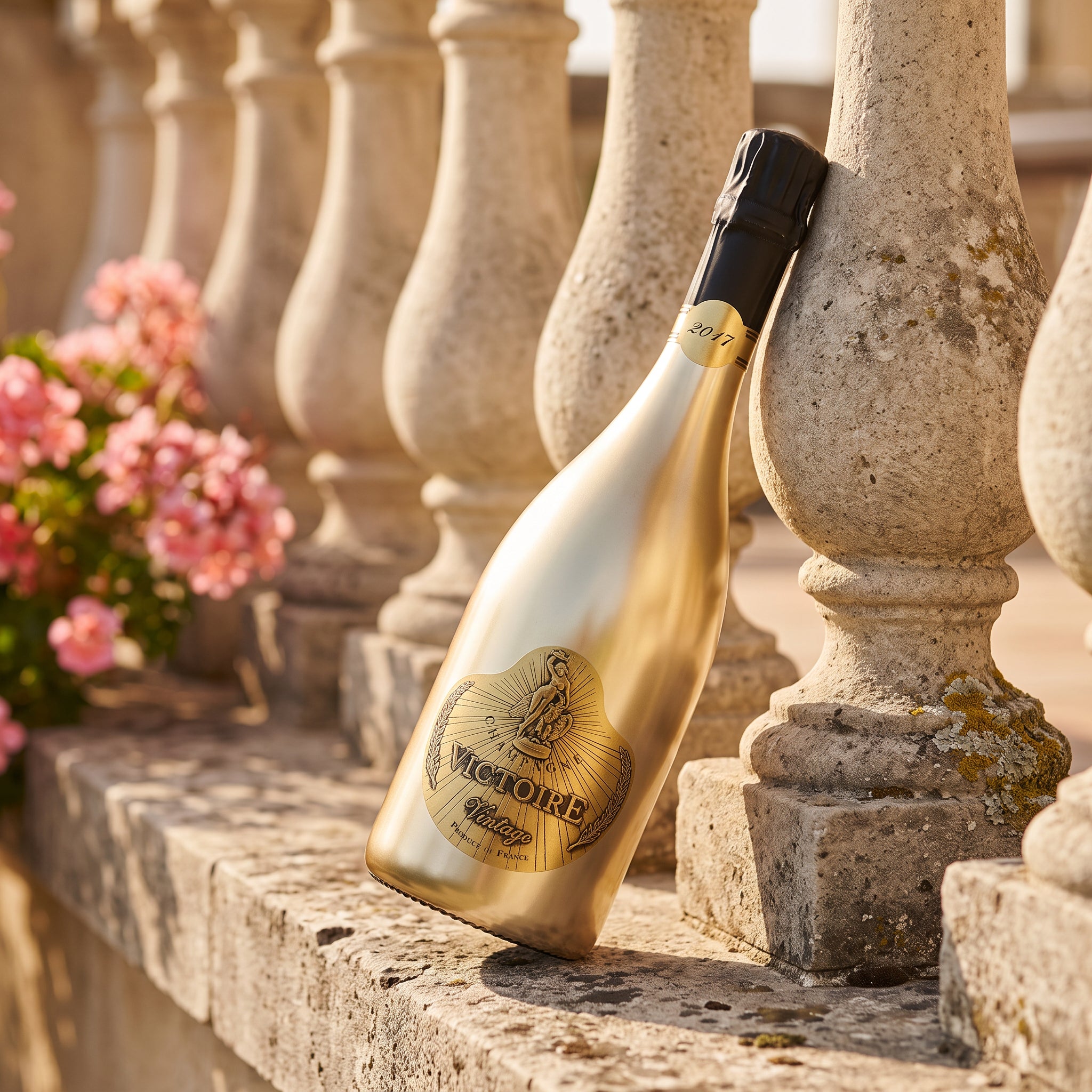 Load image into Gallery viewer, A gold bottle of Victoire Fût de Chêne Prestige Champagne, leaning against a stone balustrade with pink flowers in the background.
