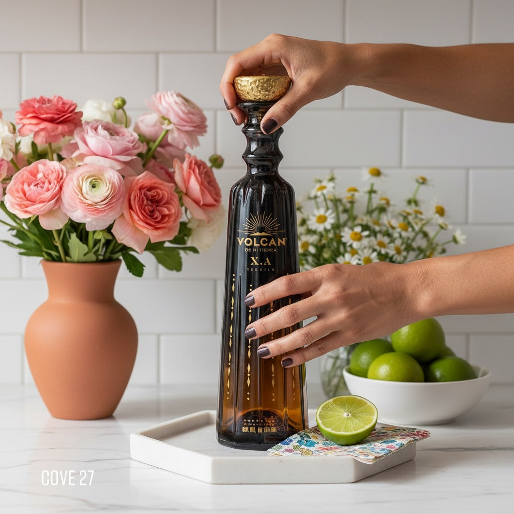 Load image into Gallery viewer, A woman opening a bottle of Volcán de mi Tierra X.A Tequila with flowers and limes in the background
