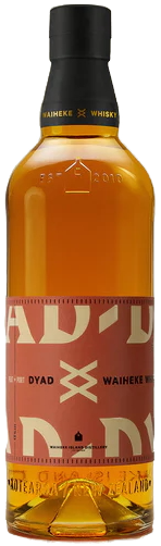 Bottle of Waiheke Dyad Batch 2 Whisky with a red label on a black background