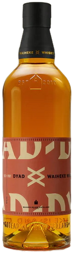 Bottle of Waiheke Dyad Batch 2 Whisky with a red label on a black background