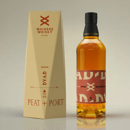 Waiheke Whisky Dyad II Single Malt Whisky bottle and packaging on a neutral background