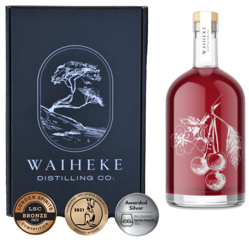 An image of a bottle of Waiheke Distilling Co 'Red Ruby' Gin 700ml and a beautiful black gift box that it come is
