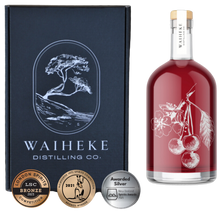 Load image into Gallery viewer, An image of a bottle of Waiheke Distilling Co &#39;Red Ruby&#39; Gin 700ml and a beautiful black gift box that it come is