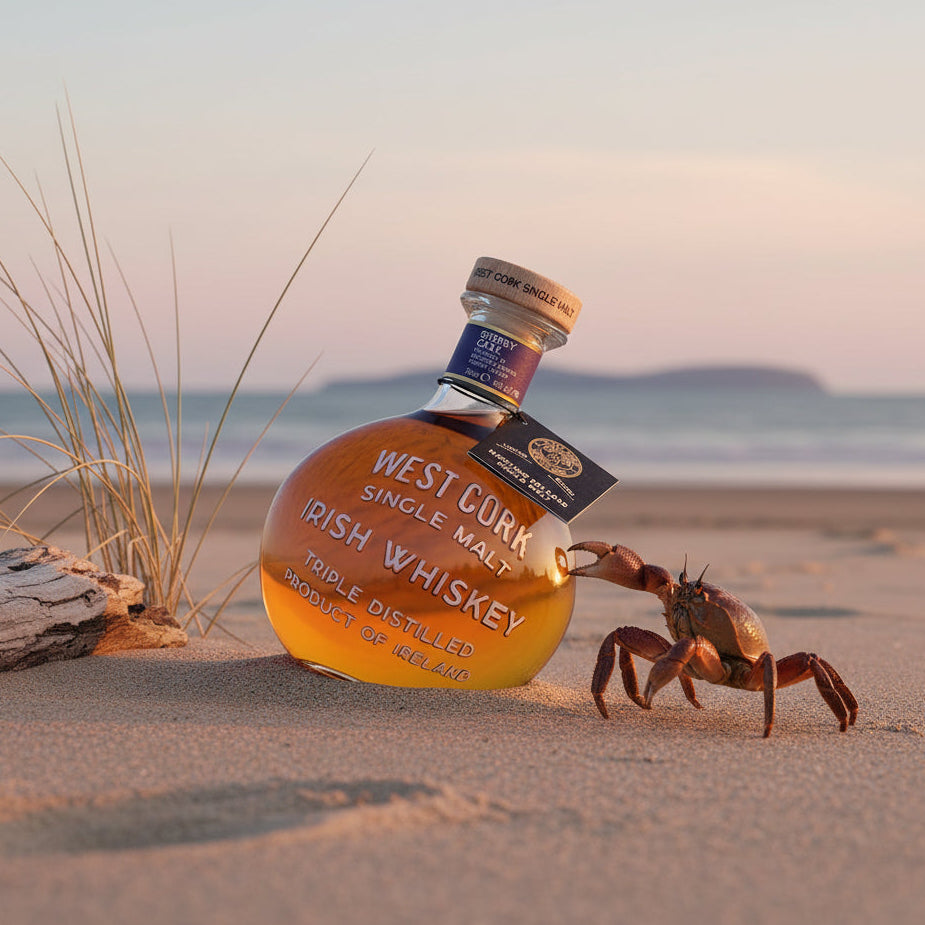 Load image into Gallery viewer, A bottle of West Cork Sherry Cask Single Malt Irish Whiskey sits on a sandy beach next to a crab, with dune grass and the ocean in the background under a soft sunset sky.