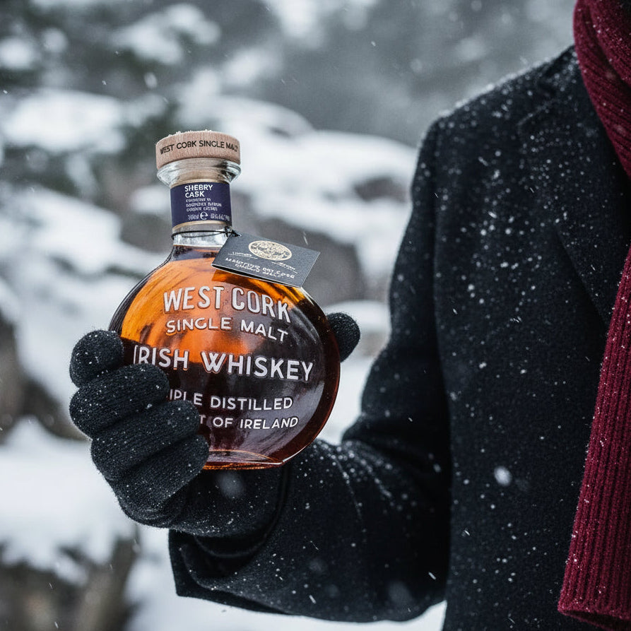 Load image into Gallery viewer, A person in a snowy outdoor setting holds a bottle of West Cork Sherry Cask Single Malt Irish Whiskey. The person is wearing a dark coat, black gloves, and a dark red knit scarf.