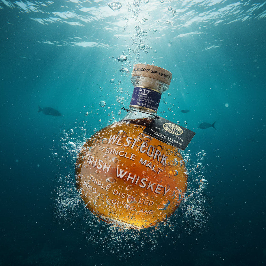 Load image into Gallery viewer, A bottle of West Cork Sherry Cask Single Malt Irish Whiskey floats underwater in a dark blue ocean, surrounded by rising bubbles and light rays filtering through the water surface.