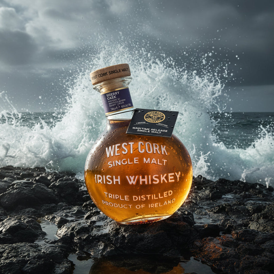 Load image into Gallery viewer, A bottle of West Cork Sherry Cask Single Malt Irish Whiskey stands on dark rocks with ocean waves crashing behind it. The amber liquid is visible through the clear bottle, and the label reads 'Triple Distilled Product of Ireland.
