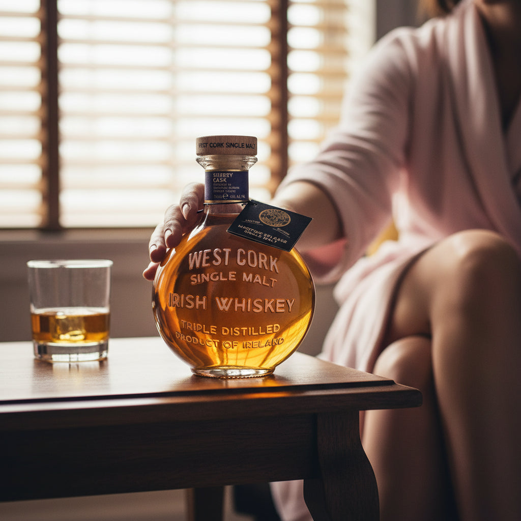 Load image into Gallery viewer, A bottle of West Cork Sherry Cask Single Malt Irish Whiskey sits on a wooden table next to a filled rocks glass, with a person in a pink robe holding the bottle in a warmly lit room with window blinds in the background.